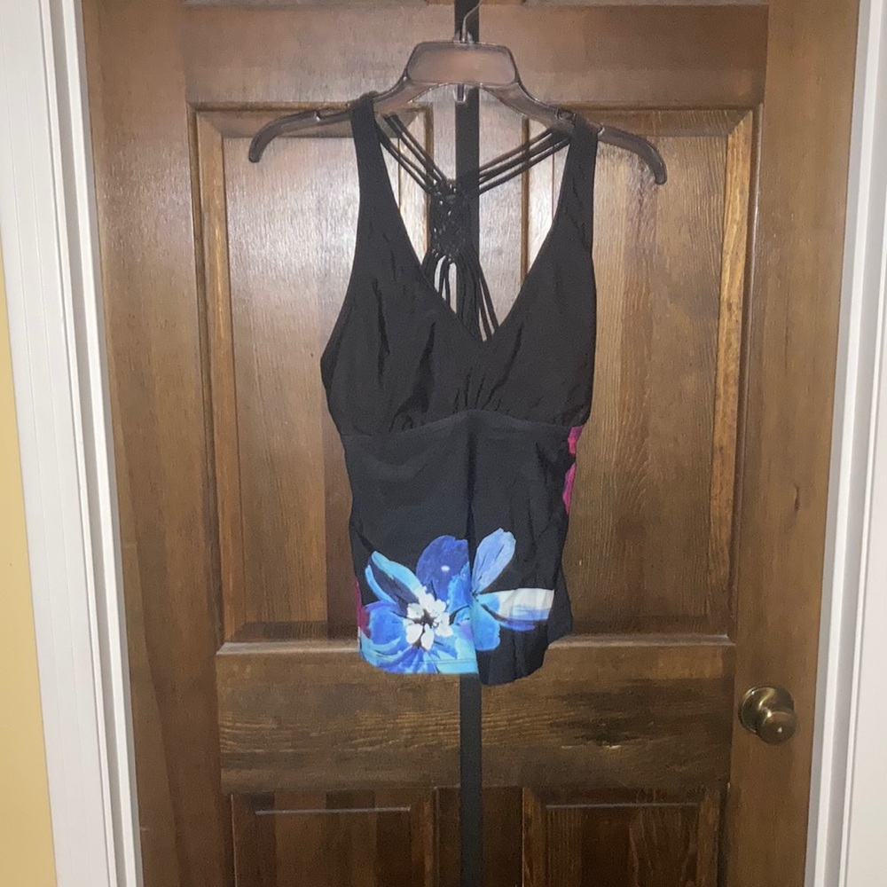 24th & Ocean Black Swimsuit Tankini Top with Plunging Neckline.
